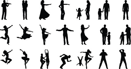 Diverse human silhouettes in dynamic motion showing family, dance, music, childhood, fitness and lifestyle actions isolated on white background collection
