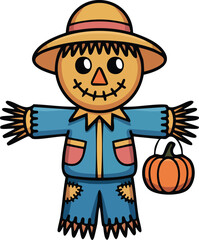 A fully vector cartoon scarecrow icon, smiling straw-stuffed face, patched clothes, holding a mini pumpkin, flat cartoon style, thick bold outline, isolated on white, stock-ready.