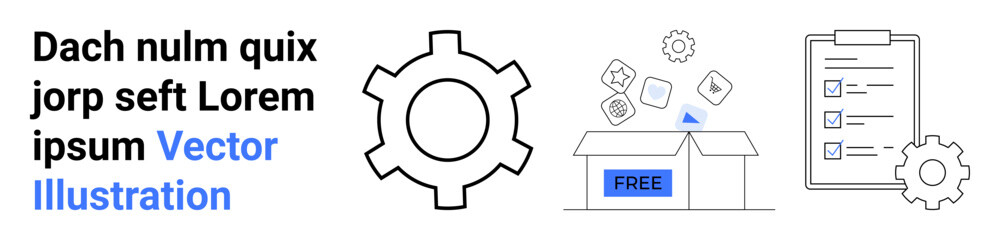 Gear representing settings, open box with free items indicating distribution, and checklist suggesting organization. Ideal for business strategy, marketing, logistics, productivity, planning, task