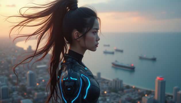 Futuristic woman gazing over a cityscape at sunset - Powered by Adobe