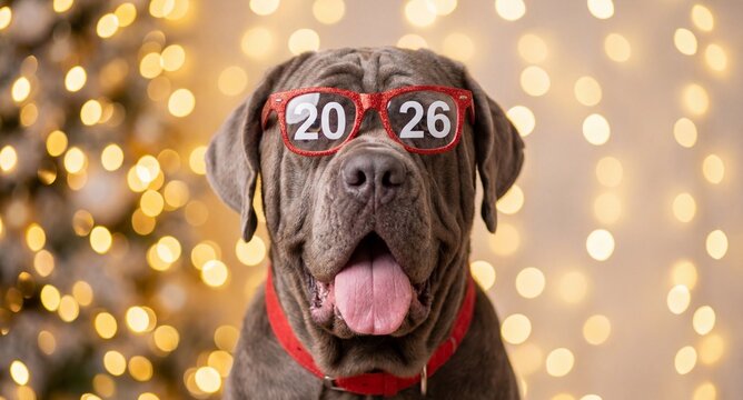 Dog Wearing 2026 Glasses: A cute dog sporting glasses with the numbers 2026 on them. This photo is a celebration of the upcoming year, perfect for new year greetings and fun themes.