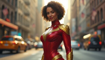 Confident woman in a striking superhero costume
