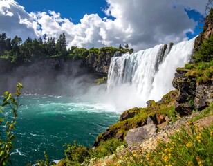Fototapeta premium Scenic waterfall cascades over a rocky cliffside, surrounded by vibrant greenery