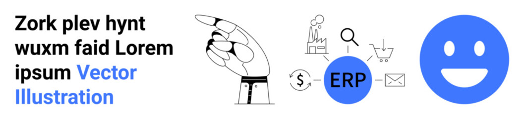 Business management, software integration, workflow efficiency, data analysis, ERP systems, industrial processes. Hand pointing at icons connected to an ERP button. Business management and software