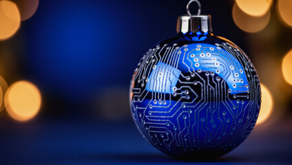 Futuristic christmas ornament with an ai circuit board pattern representing festive data concept on blue background