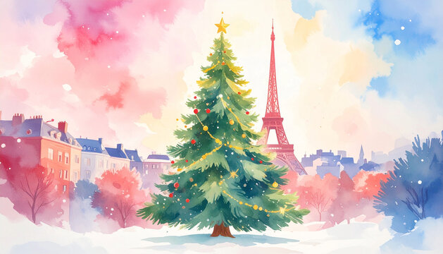 エッフェル塔とクリスマスツリーの水彩画