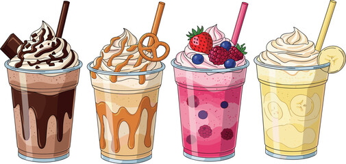 Assorted Chocolate, Caramel, Berry, and Banana Milkshakes in Clear Cups with Whipped Cream and Toppings, Refreshing Summer Drinks