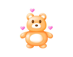 An illustration of a cute, funny, and adorable teddy bear with a pink heart symbol. Gifts and toys. Valentine's Day celebration elements, decorations, ornaments. 3D style design. White background.