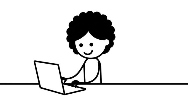 Simple Stick Figure Woman Working Remotely Typing on Laptop Computer with Curly Hair Black and White Cartoon Isolated on White Background Minimalist Style