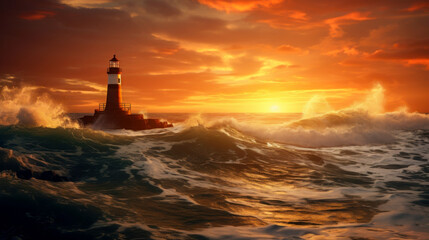 Vibrant sunset illuminates a lighthouse amidst crashing waves along a rugged coastline in a dramatic seascape