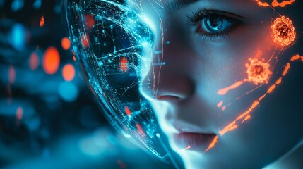 A stunning AI-generated portrait of a futuristic woman. Her cybernetic elements and vivid colors create a mesmerizing effect. This image embodies innovation and technology. Generative AI