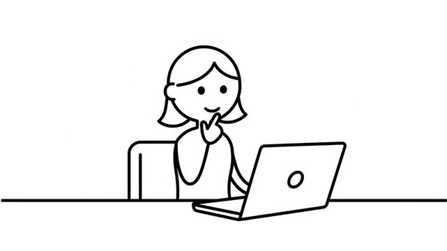 Smiling Cartoon Woman Reviews Budget Spreadsheet on Laptop at Desk Simple White Background Eye Level View
