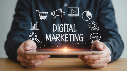 Person holding tablet displaying illuminated digital marketing concept with various related icons
