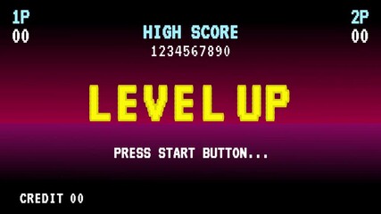 LEVEL UP  press start button pixel art 8 bit game. retro game,Retro 8 bit video game interface with You Win text, computer game level up background.4K video. - Powered by Adobe