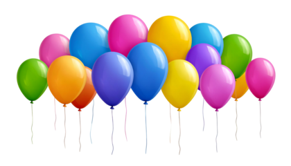 Group of vibrant, glossy balloons in various colors suspended against a black backdrop