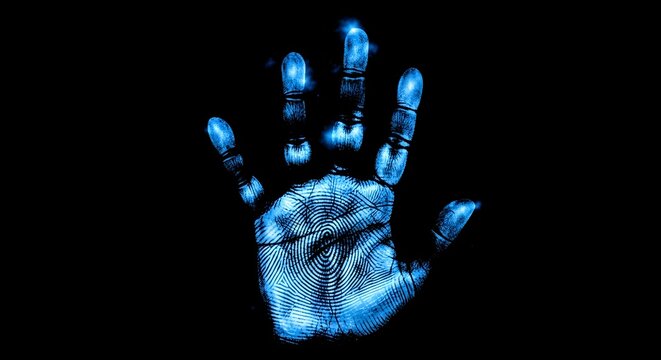 Security and identity concept using biometric digital technology. Glowing blue handprint and fingerprint scan on a dark background, representing access control and forensic science.