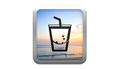 Square graphic of a drink icon set over a beach sunset