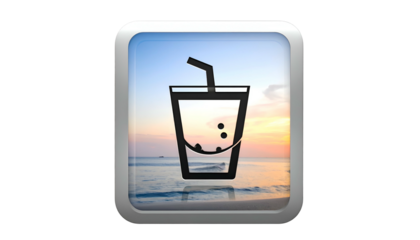 Square graphic of a drink icon set over a beach sunset