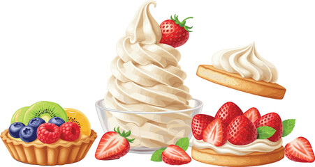 Assorted Fruit Tarts, Strawberry Desserts, and Soft Serve Ice Cream with Fresh Berries and Cream, Sweet Pastry Collection