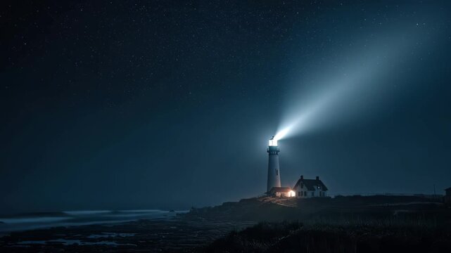 Bright lighthouse guiding boats through the dark night sky at the coast near a quiet cottage by the ocean