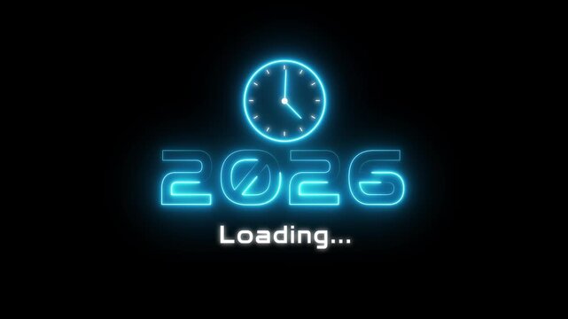 New year 2026 loading animation. Neon new year text animation. New year timer clock icon animation.