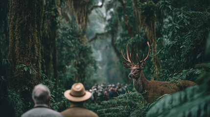 Stag with large antlers looks back in tropical rainforest, guides and tourists observing, wildlife encounter in eco-tourism