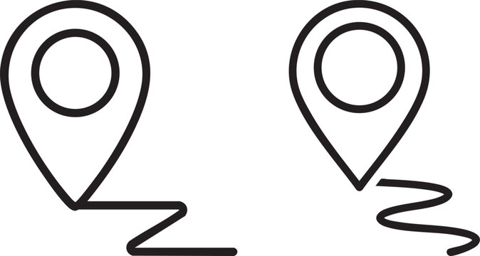A minimalist, black and white illustration showing two map pin icons connected by a winding path, representing a route or journey.