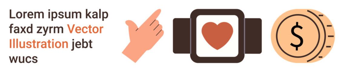 Fintech, wearable devices, digital currency, payments, technology innovations, healthcare. Hand pointing, smartwatch with heart money icon. Fintech and wearable devices concept