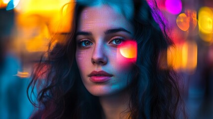 A striking portrait of a woman amidst a blurred colorful background. The vibrant hues create a dreamlike atmosphere. Emotions and beauty blend seamlessly in this artwork. Generative AI