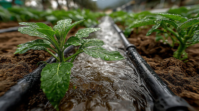 Close-up of tender green seedlings under drip irrigation system, dewdrops on leaves, moist soil, efficient water-saving agriculture tech