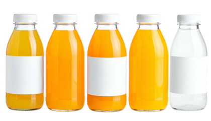 Five glass bottles filled with various colorful liquids, white caps and labels, black background