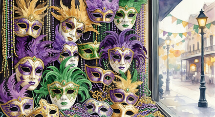 Watercolor illustration with colorful Mardi Gras masks and a street decorated for carnival. Space for the text.
