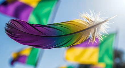 A feather in Mardi Gras colors floats against a backdrop of vibrant flags fluttering outdoors, with space for text.