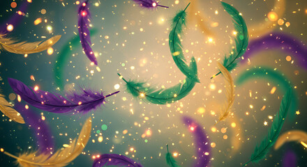 A Mardi Gras-themed backdrop with green, purple, and yellow feathers on a sparkling background.