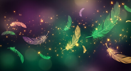 A background in Mardi Gras carnival colors with feathers and lights in the center of the frame.