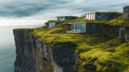 Stunning modern homes perched on a cliff. Surrounded by lush greenery and ocean views. Ideal for nature lovers and design enthusiasts. Generative AI