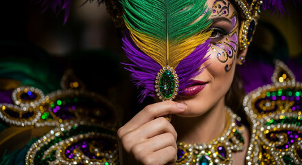 Woman in a carnival costume with a smile puts one bright Mardi Gras feather to her face, which closes her eyes.