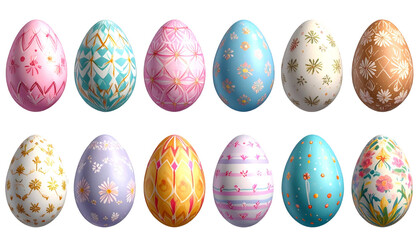 A dozen intricately designed, colorful Easter eggs with various patterns