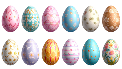 A dozen intricately designed, colorful Easter eggs with various patterns