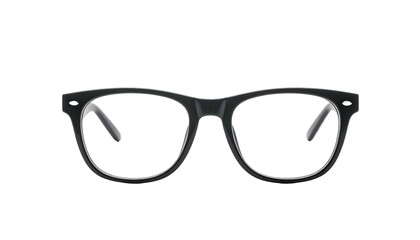 Front view of classic black framed eyeglasses with clear lenses, isolated on black background