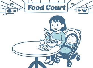 フードコートでラーメンを食べているママと赤ちゃん
Mom and baby eating ramen at the food court