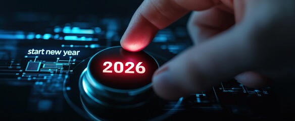 Finger pressing button with start new year 2026 text on dark blue futuristic background for new year and business concepts