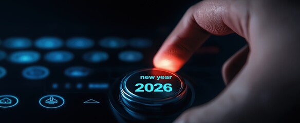 New year 2026 button pressed by finger on futuristic control panel with glowing icons and dark background for technology concepts