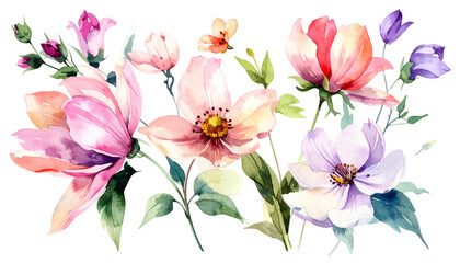 Watercolor painting of various colorful flowers and leaves, arranged on a dark background