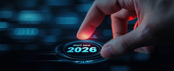 Finger pressing start new 2026 button on futuristic interface with glowing light representing innovation and technology in the coming years ahead