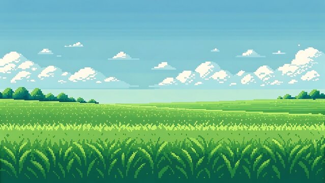 Vast green pixel art grassfield under a bright blue sky with fluffy clouds