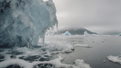 Glacial ice formations dripping into a gray water