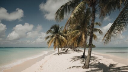Tropical beach with palm trees.  Soft light on pristine sand and turquoise water