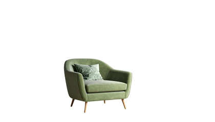 Olive-green armchair with a patterned pillow on a black background, with visible light source