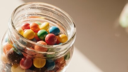 Colorful candies in a clear glass jar. Sunlight highlights the sweet treats